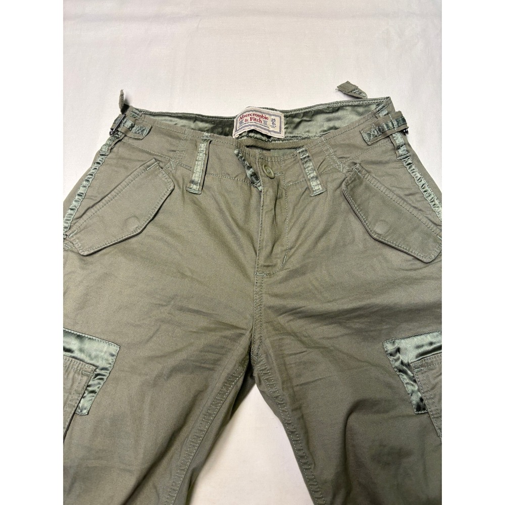 Y2k Abercrombie & Fitch Olive Green Cargo Pants Satin Trim Low Rise Size 27X28 - Picture 3 of 14